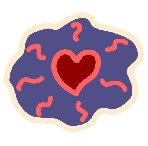 a red heart sits in the center of a dark purple cloud shape with an off white outline  inside the cloud shape radiating around the heart are wavy light red lines.